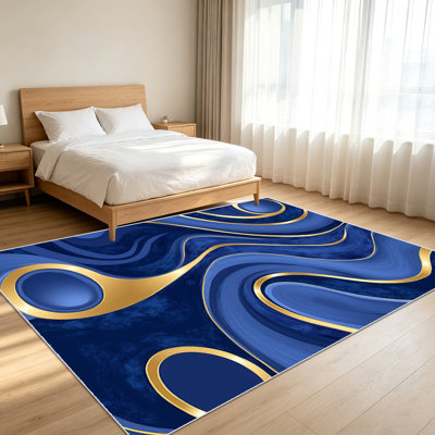 Tapis à motif abstrait bleu et doré 1pc pour le salon, doux et confortable, adapté à toutes les saisons, facile à entretenir, lavable à la machine, tapis de ferme sous la table convenant à la chambre à coucher, à la salle à manger, au couloir, au patio, .. .