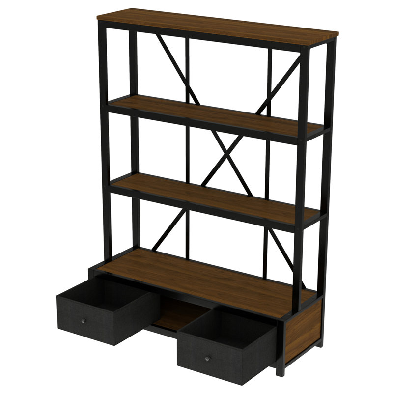 Bibliothèque à 3 tablettes en métal avec tiroirs pour le bureau personnel, bibliothèque ouverte, bibliothèque de style industriel rétro avec DEL, couleur noyer