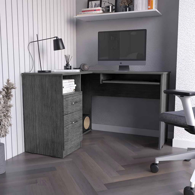 L-Shaped Desk Bradford With Retractable Keyboard Shelf, Smokey Oak Finish For Modern Home Office, Gray