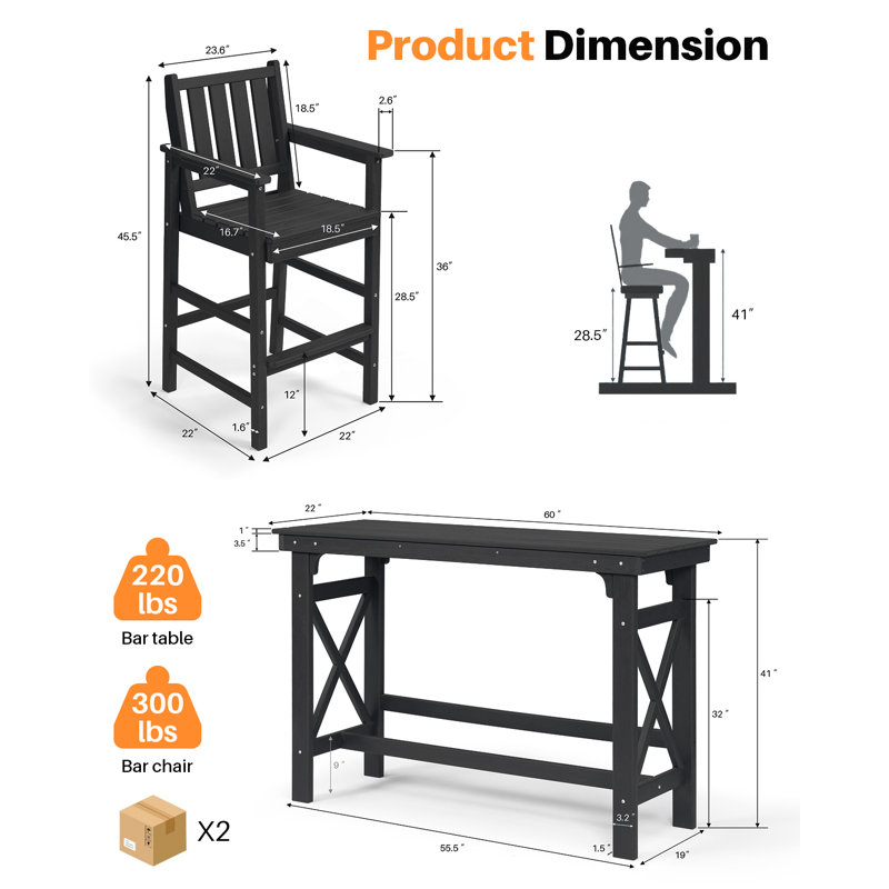 3 Pieces HDPE Outdoor Bar Table And Chairs Set, Tall Adirondack Chairs Set Of 2 With Rectangular Bar Table, Patio Bar Stools Set, HDPE Outdoor Patio Bar Set For Balcony, Porch, Deck