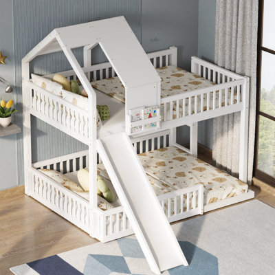 Full XL over Queen Wood House Bunk Bed with Slide and Built-in Ladder