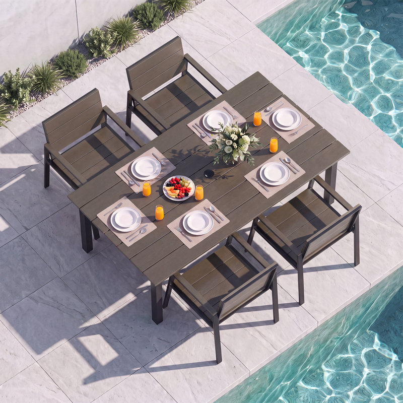 Ensemble de salle à manger d'extérieur de 5 pièces avec trou pour parasol, Brun