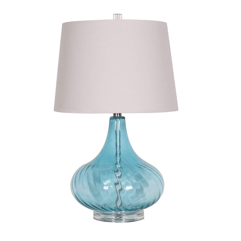  Glass Table Lamp with Fabric Shade, Light Blue