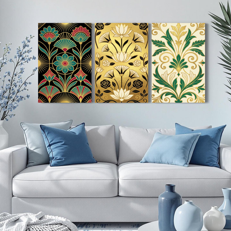 Ensemble de 3 tableaux sur toile à motifs floraux Art déco pour la décoration du salon et de la chambre, H 30 po x l 60 po