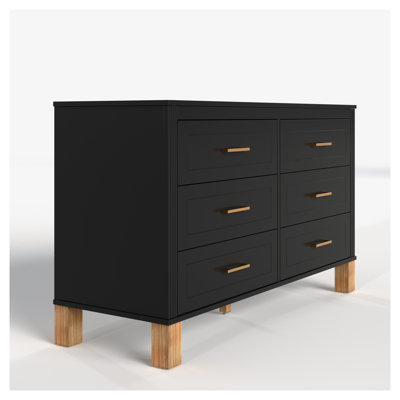 Commode double moderne à 6 tiroirs avec pieds en bois massif, armoire de rangement Mid-Century