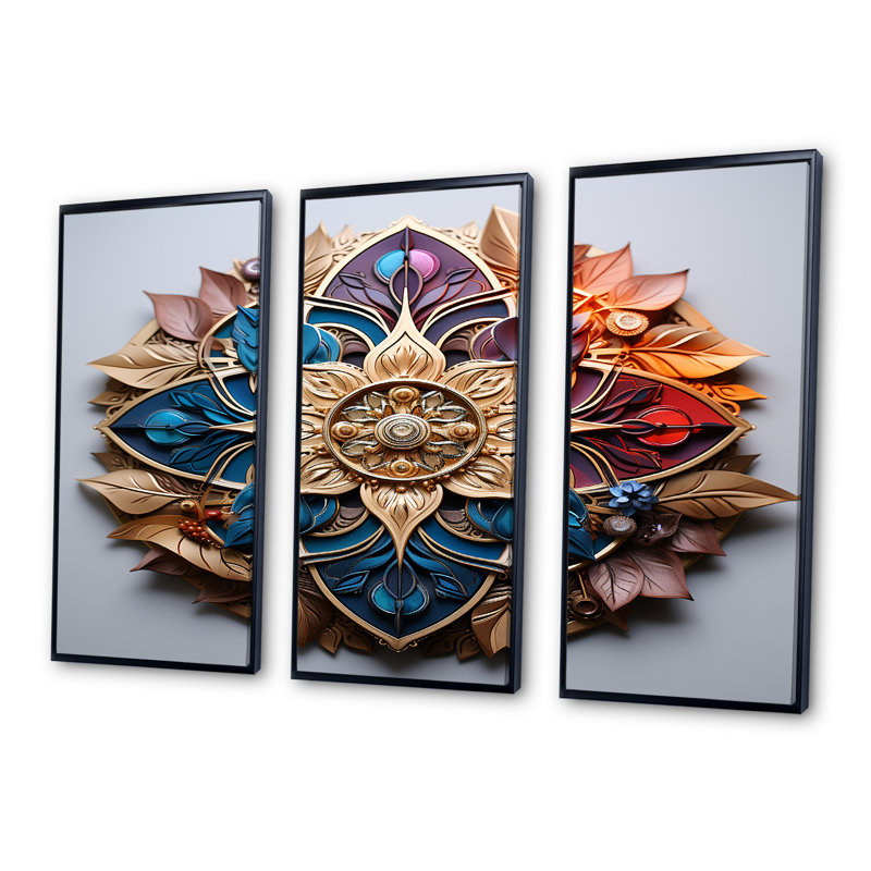 «Golden Turquoise Flower - Boho Mandala», ensemble de reproduction d'art mural, Cadre flottant noir