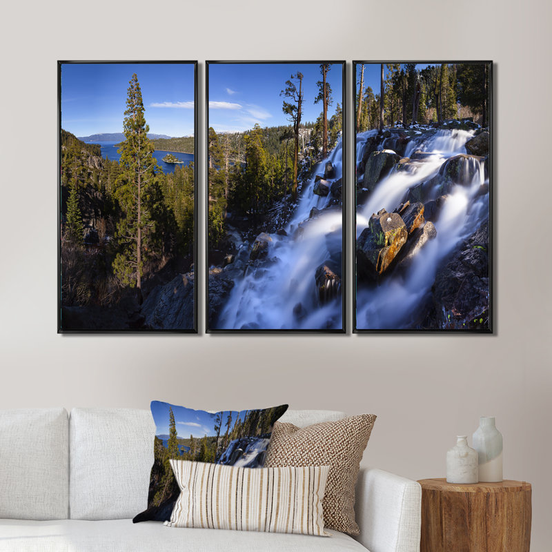 Eagle Falls Emerald Bay Lake Tahoe - ensemble de 3 reproductions sur toile flottantes, Cadre noir, H 28 po x l 36 po x P 1 po