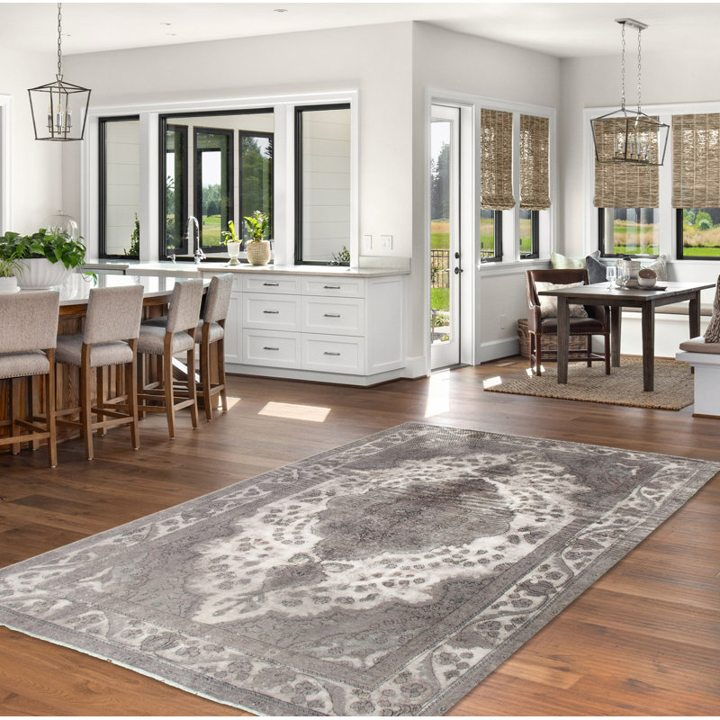 Tapis décoratif gris en laine noué à la main de conception unique 6 pi 3 po x 9 pi 4 po Catja noué à la main