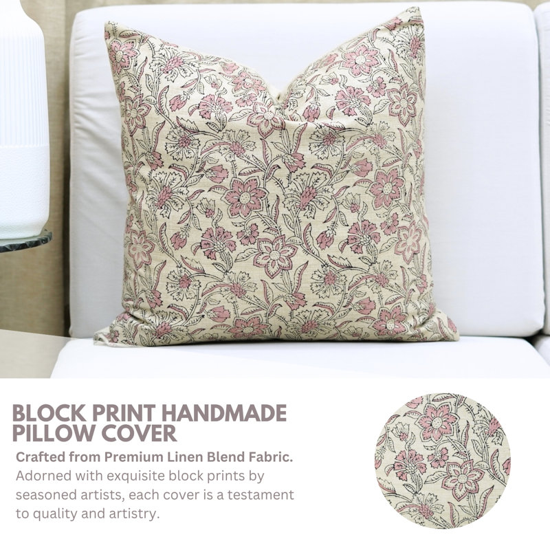 Housse de coussin imprimée à la main Fabividine - Coussin décoratif pour canapé et canapé, Jarul, rose, Carré 18 po