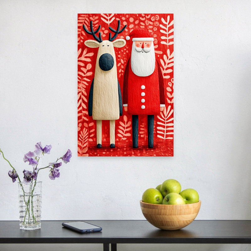 Festive Santa Reindeer Whimsical Abstract Contemporary Winter Wall Art Print 1 Piece Wrapped Canvas Wall Art