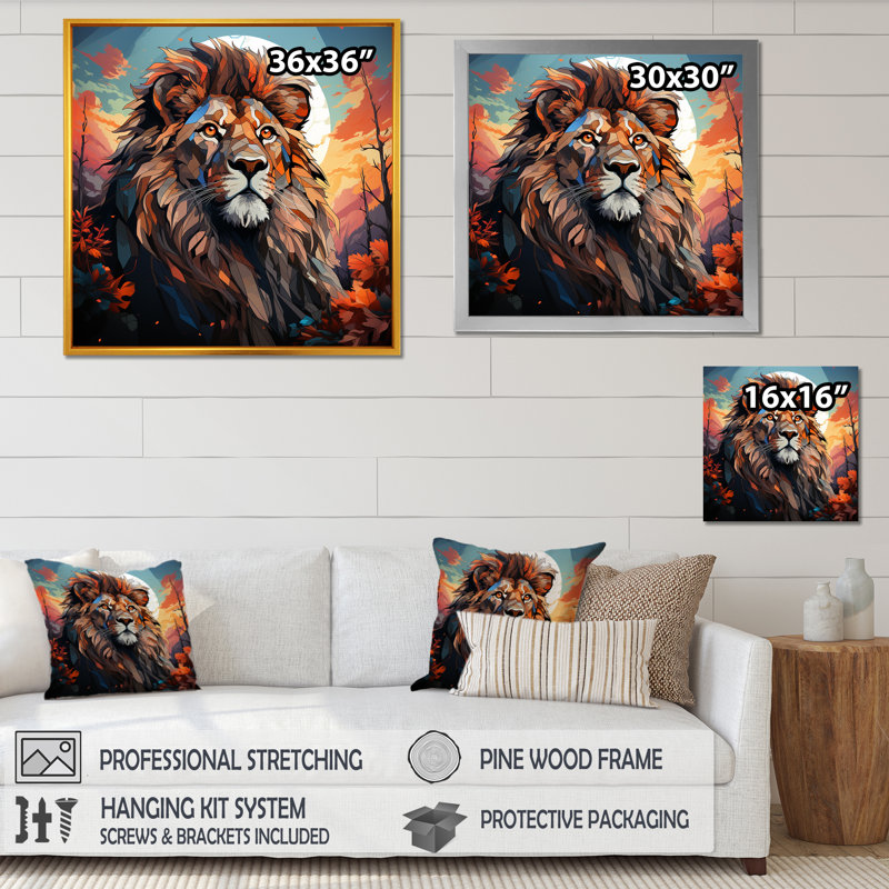 Décoration murale lune majestueuse, roi lion I - Lion, Encadrement doré, H 16 po x l 16 po x P 1 po