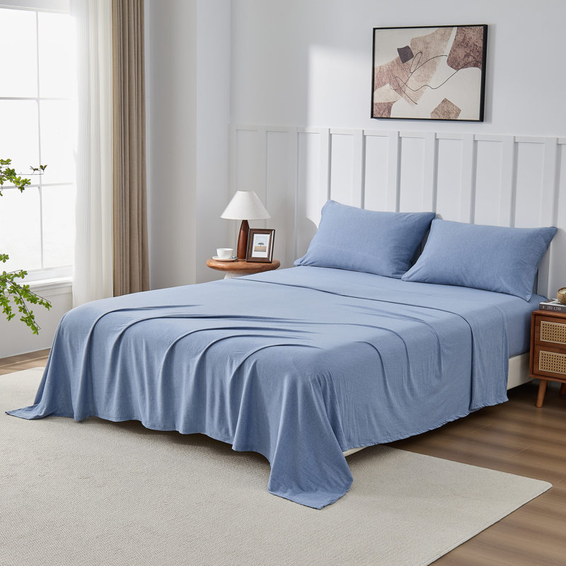 Ensemble de draps 4 pièces en jersey de coton chiné Kathy Ireland, Lit double, Bleu clair