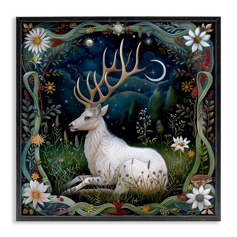 Scène de forêt de cerfs blancs encadrée par The Dutch Lady, H 12 po x l 12 po, Giclée encadrée noir minuit