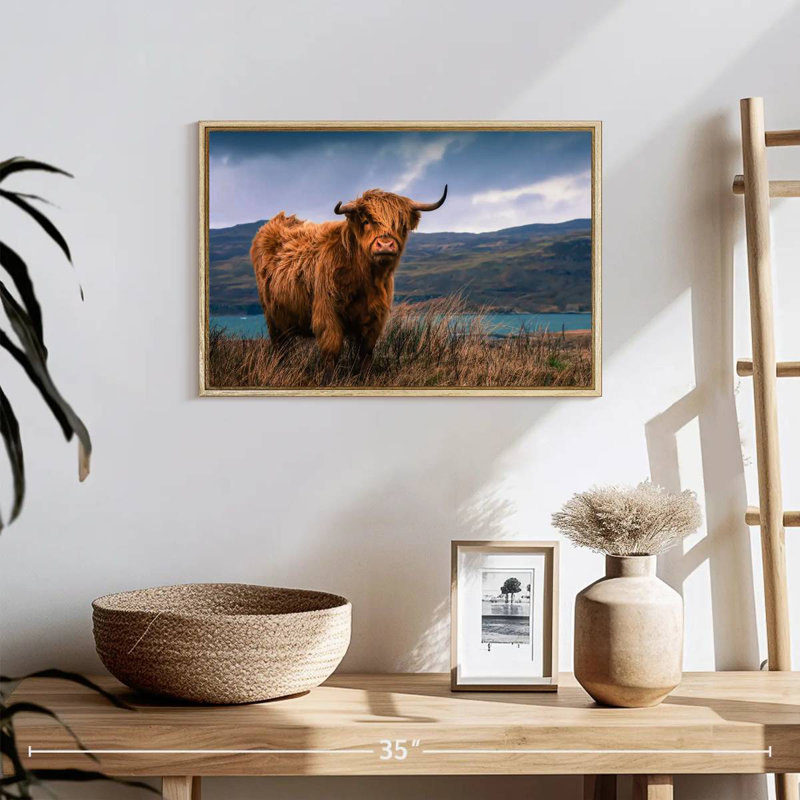 Grande vache Highland, Cadre flottant en bois naturel, 19 po x 13 po