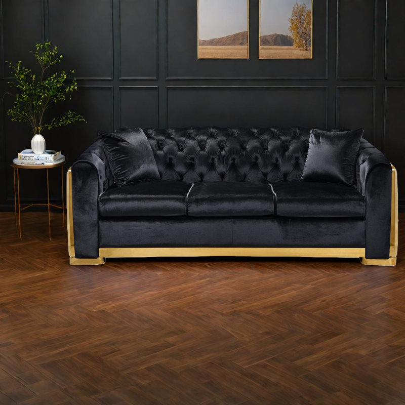 Ensemble de canapés modernes, Chesterfield en velours noir italien avec acier doré pour la maison
