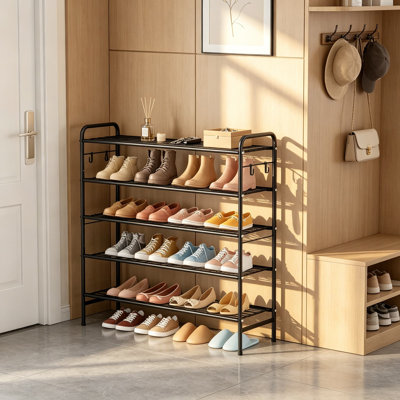 5 Tier Shoe Rack 33 Inch Wide Metal Shoe Organizer with 4 Side Hooks, Heavy Duty Shoe Storage for Closet, Front Door Entrance, Garage, Dorm, Black