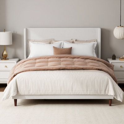 Structure de lit tapissier avec tête de lit haute et support à 12 lattes, lit plateforme en chenille blanc ivoire, aucun sommier requis, assemblage facile