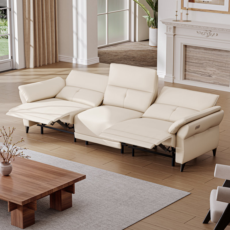 Canapé inclinable électrique en cuir pleine fleur beige avec double moteur, canapé modulaire inclinable moderne à 3 places avec console et ports USB pour le salon