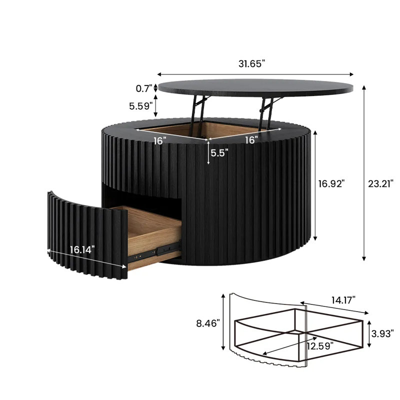Silva - Lifting Top Round Coffee Table, 17.72" H x 31.5" L x 31.5" W, Black