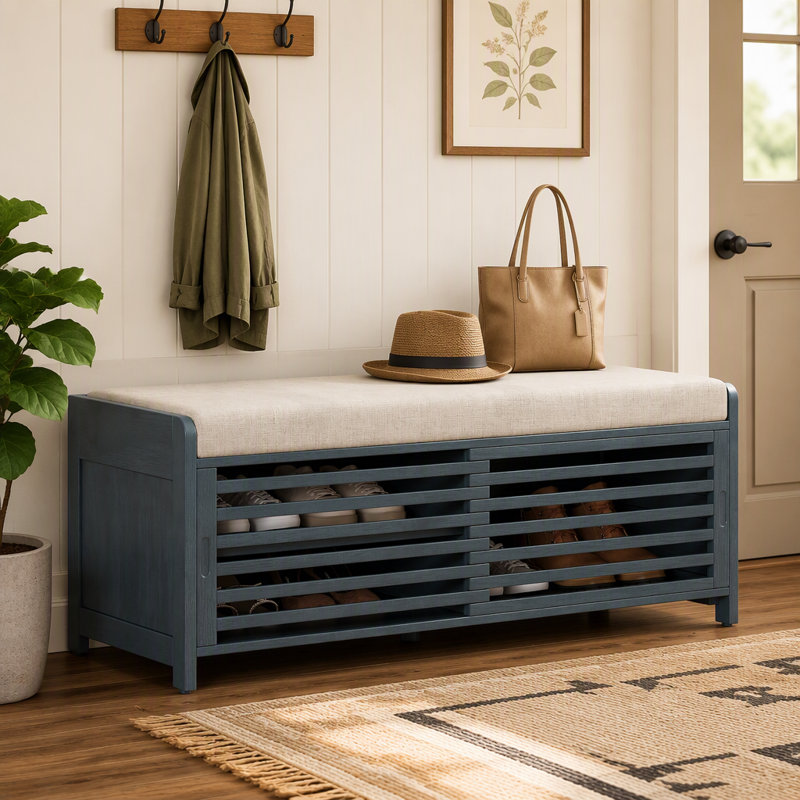 Banc à chaussures avec rangement et coussin, banc de rangement à volets vieillis avec charme rétro pour le salon, vestibule