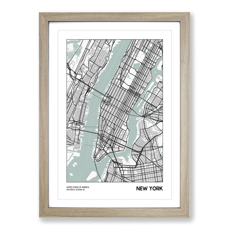 Map New York USA - Picture Frame Graphic Art, 90cm H x 65cm W x 2cm D, Oak