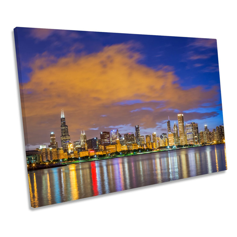 Chicago Skyline Lake Michigan Night - Wrapped Canvas Print, 30.5cm H x 45.7cm W