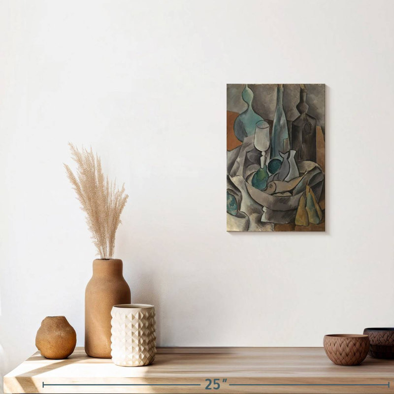 Nature morte avec poisson et bouteilles, H 12 po x l 8 po