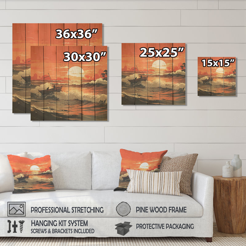 Tangerine Skies Ocean Waves II - Coucher de soleil côtier sur bois, H 15 po x l 15 po