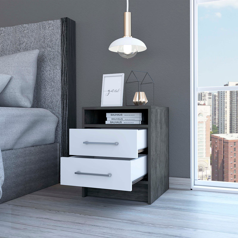 Eter Nightstand, Superior Top, Two Drawers and Open Shelf, Smokey Oak/White