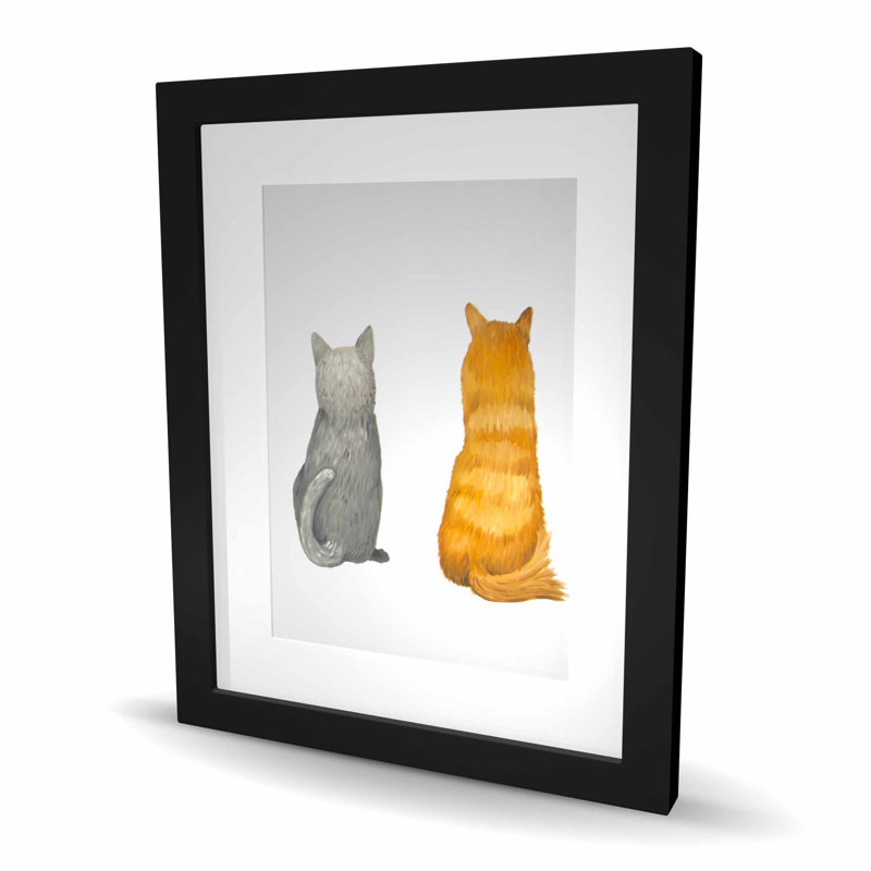 Vue arrière de six chats alignés - reproduction matte encadrée brune