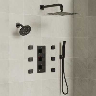 Thermostatic Dual Showerheads System, Wall Mount 12" High-Pressure Rainfall Shower Faucet with Handheld Spray and Body Jet