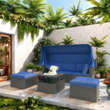 4 Pieces Outdoor Wicker Sectional Sofa With A 3-seat Sofa, 2 Ottomans, A Lifting Table, Retractable Canopy, Washable Cushions, Adjustable Backrest