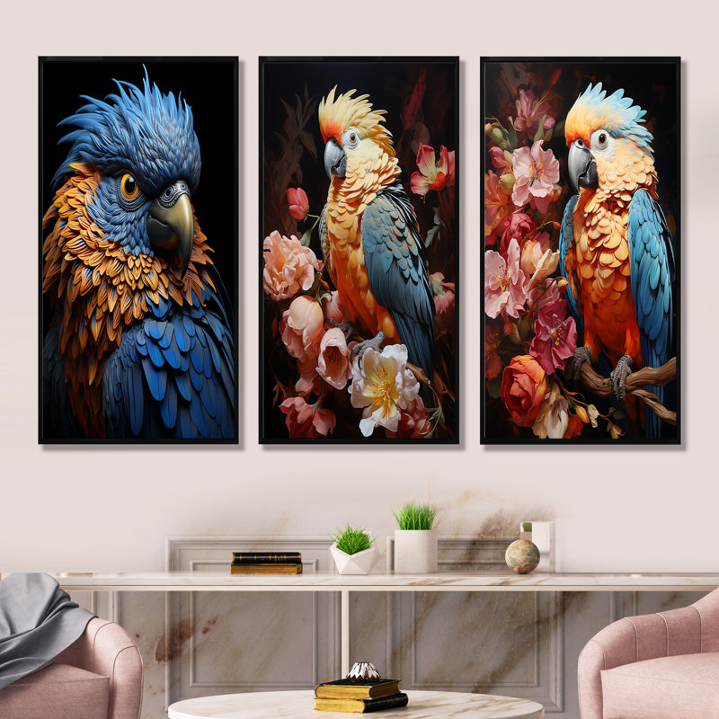Plumage mystique bleu et jaune - Rhapsodie tropicale - ensemble de 3 décorations murales de perroquets, Cadre flottant noir