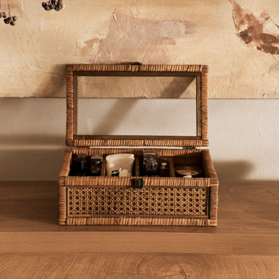 Boîte de rangement décorative en rotin avec plateau en verre, organisateur tissé naturel 