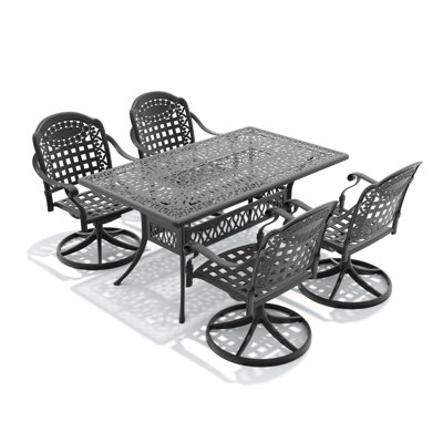 Ensemble de salle à manger 5 pièces en aluminium coulé résistant aux intempéries, comprenant 4 chaises pivotantes et une table rectangulaire avec cadre noir