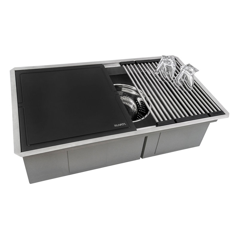 Ruvati 33-inch Workstation Dual Tier Nova Double Bowl Low Divide Undermount Stainless Steel Kitchen Sink