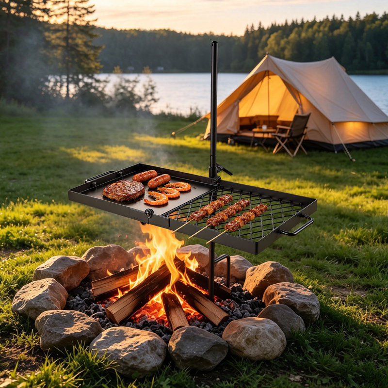 Barbecue pivotant robuste pour feu de camp, grille de barbecue portative de 24 po et plaque chauffante, filet de barbecue en acier robuste, équipement de foyer réglable au-dessus de la cheminée à 360 °, pour la cuisson extérieure à flamme nue, noir