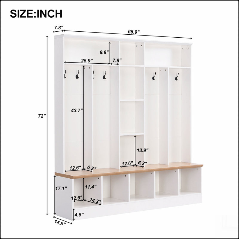 Wide Design Hall Tree with Storage Bench, Minimalist Shoe Cabinet with Cube Storage & Shelves, Multifunctional Coat Rack with 8 Hooks
