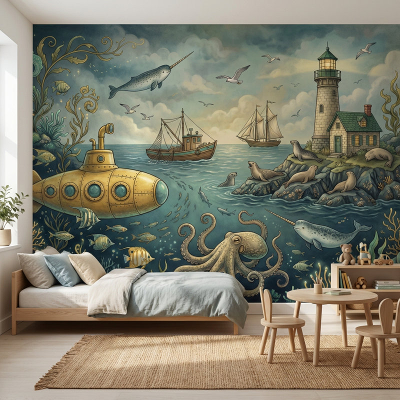 Papier peint sous-marin avec phare sous-marin, Non tissé, 200 po x 120 po