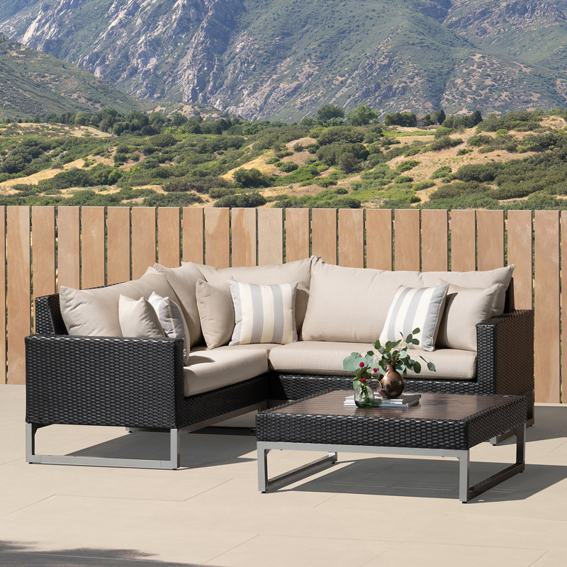 Sameko 5 - Person Patio Conversation Set with Sunbrella® Cushions, Brown, Bliss Ink Sunbrella®