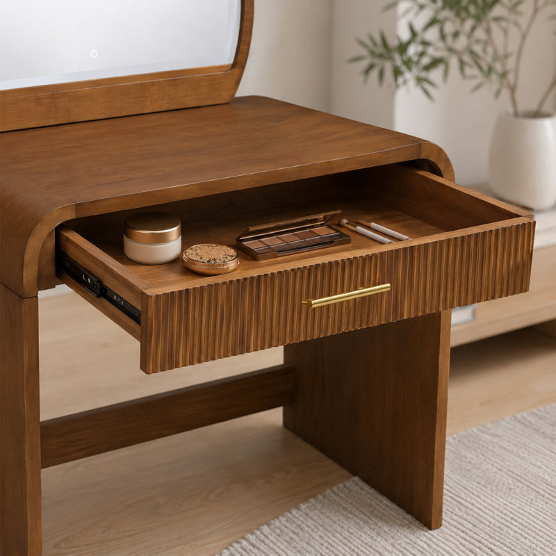  Coiffeuse en bois d'hévéa moderne avec miroir tactile et fonction convertible, Brown