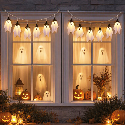 Ensemble de 2 guirlandes de fantômes d'Halloween, décorations lumineuses suspendues 9 pi avec 8 modes d'éclairage et minuterie de 6 heures pour le porche, la cour, le jardin et les fêtes