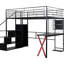 Lit mezzanine noir en métal pleine grandeur avec espace de fabrication intégré, garde-robe et escalier de rangement pour établi