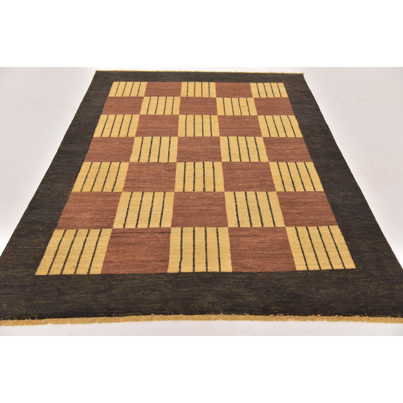 Tapis zone en laine noir/brun 5 pi 4 po x 7 pi en laine one-of-of-kind à la main noué la new age Nash