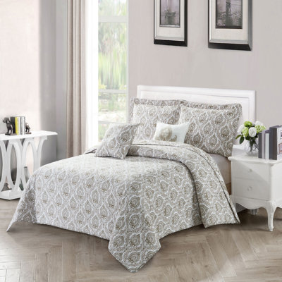  Ensemble de couvre-lit réversible en microfibre taupe / ivoire / gris-vert 5 pièces