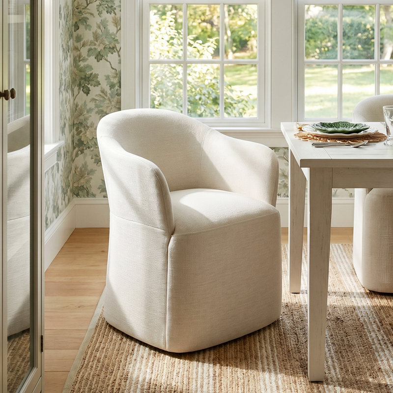 Janina Linen Upholstered Armchair with Casters, Bella Forest Performance Velvet