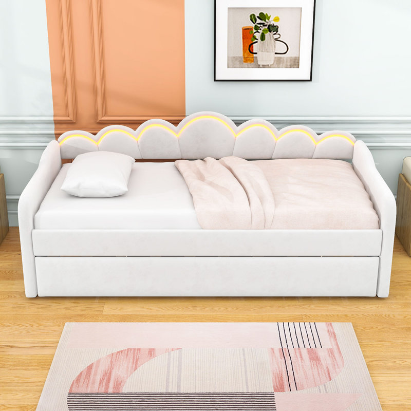 Twin XL Velvet Upholstered Daybed with LED Light and Lit Twin Trundle, White