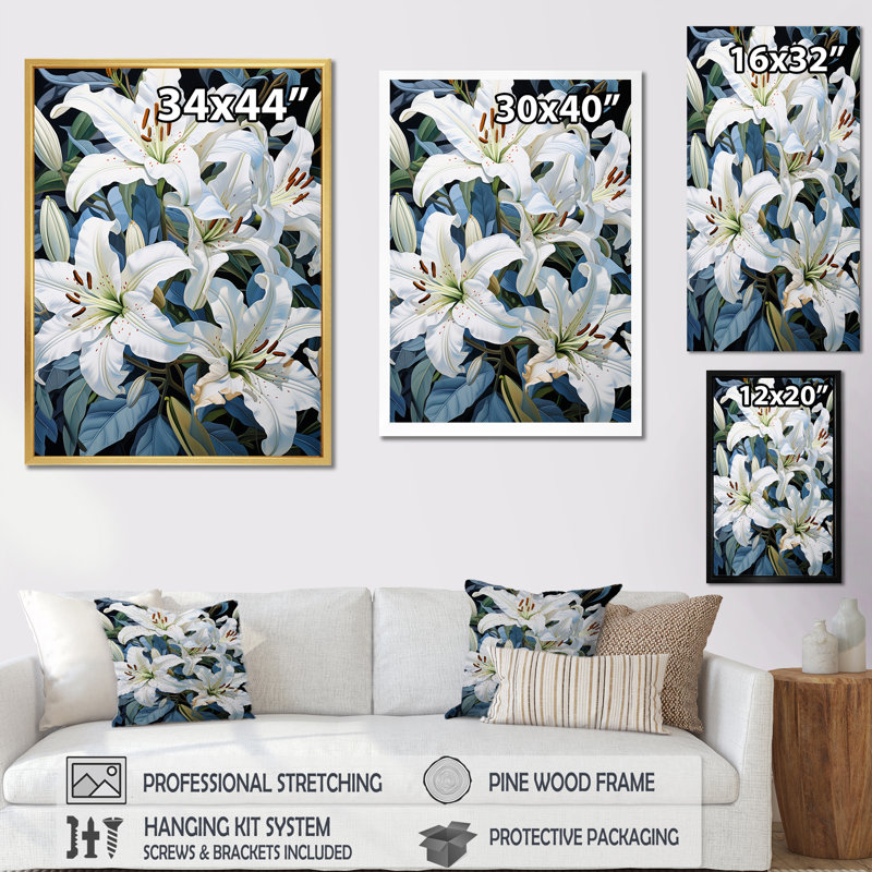 «White Serenade Beauty of Lilies III», reproduction sur toile encadrée, Cadre simple blanc, H 40 po x l 30 po x P 1,5 po