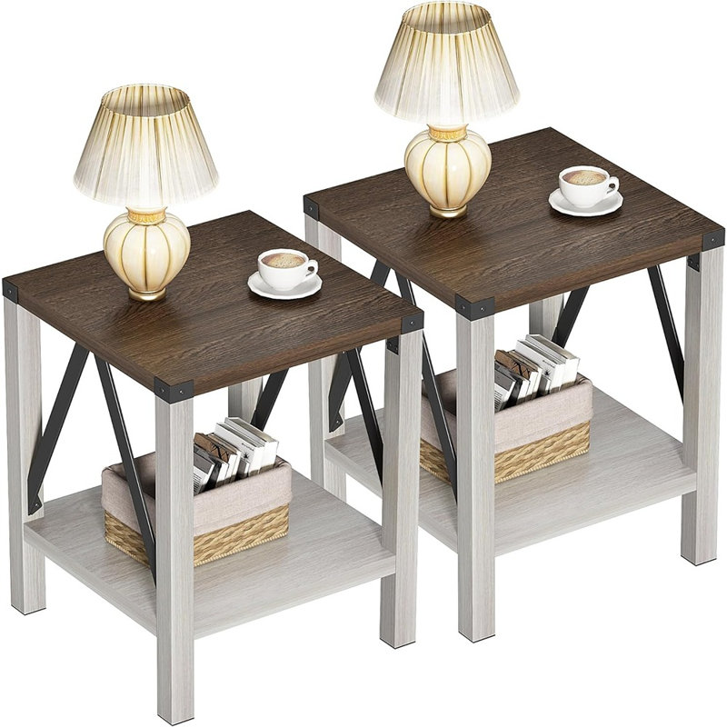 Ensemble de 2 tables de bout Farmhouse, table de chevet vintage rustique avec tablette pour le salon, blanc antique et brun