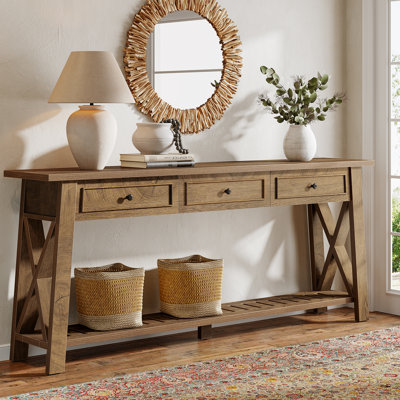 Console 70,87 po avec 3 tiroirs et tablettes, canapé-lit long en bois de style campagnard pour le salon, le vestibule et le couloir